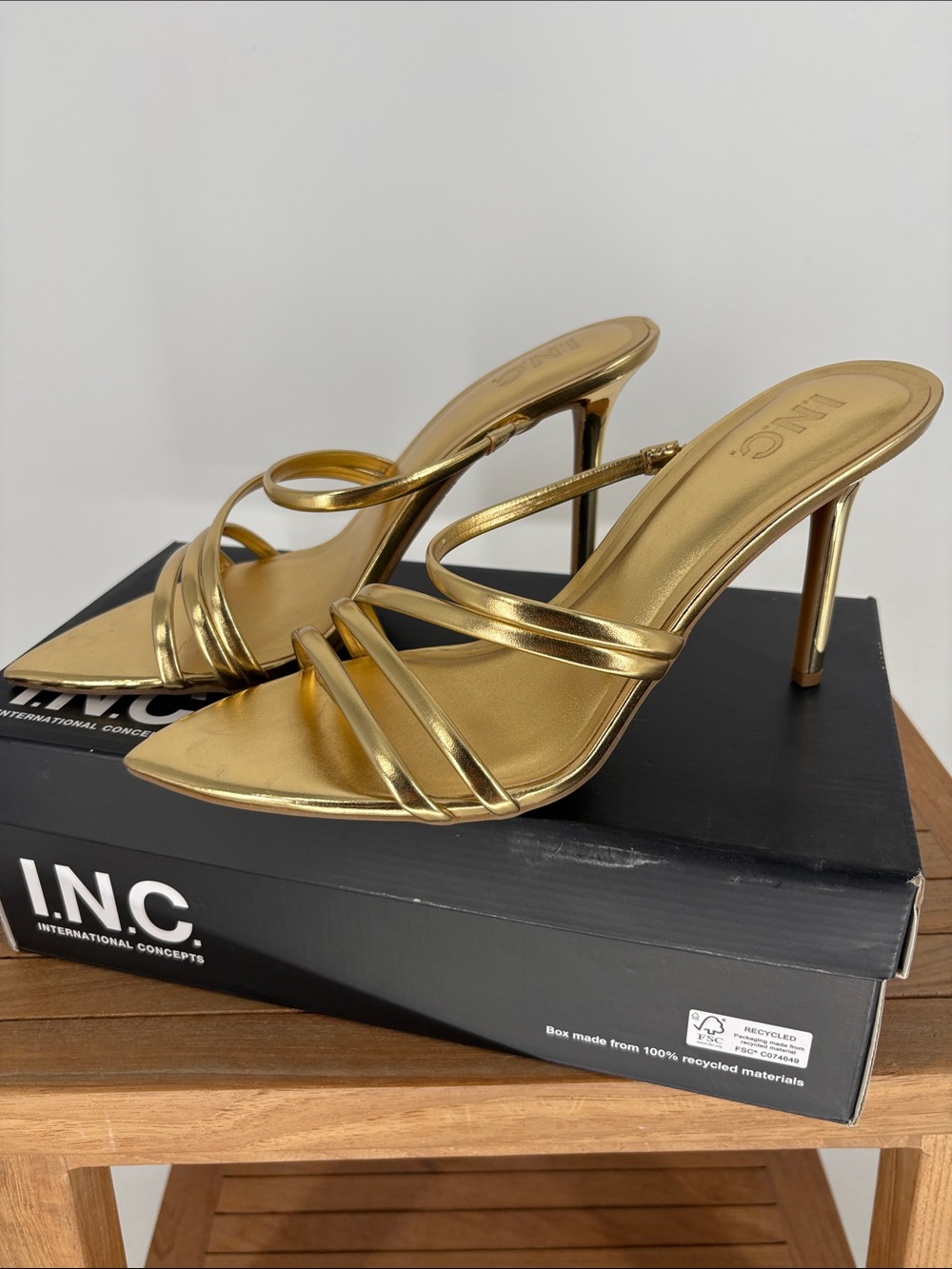 New INC International Concepts Metallic Gold Multi-Strap Pointed Mule Heels 10M - Picture 4 of 6